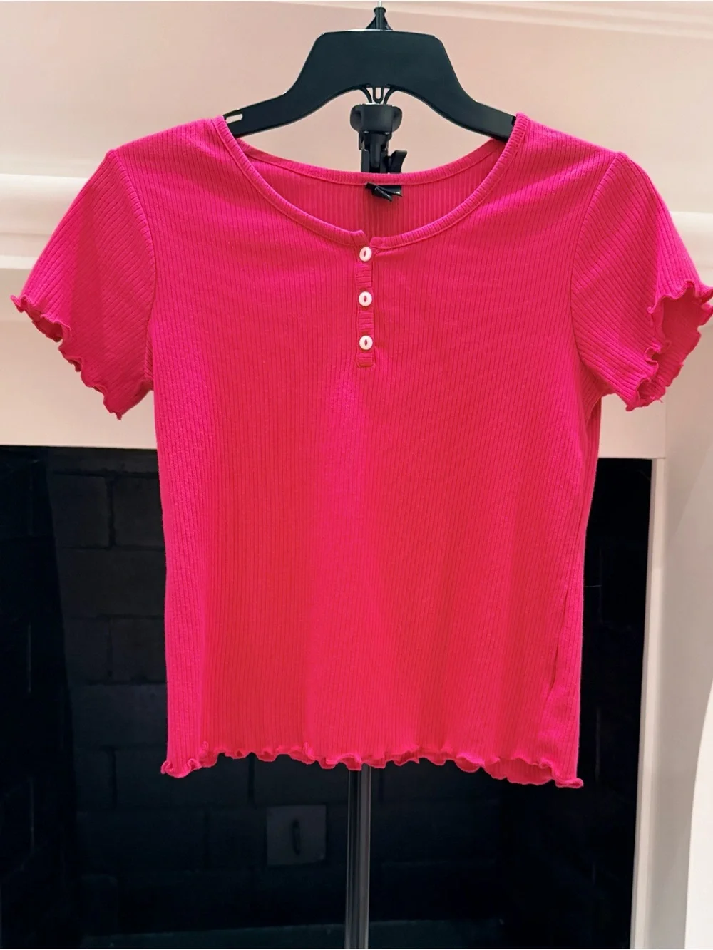 art class Hot Pink Ribbed Henley Tee with Lettuce Edges- Girls 14